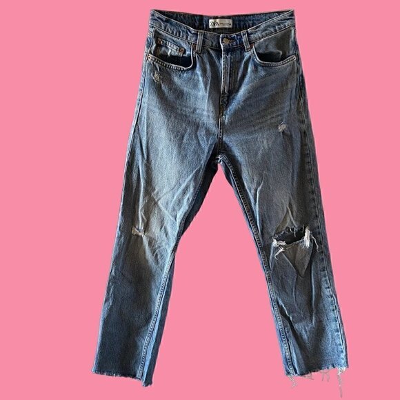 Zara The High Waist kick jeans size 6 blue distressed - Picture 2 of 9